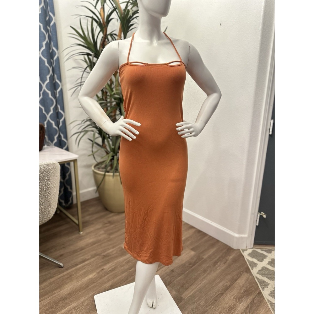 Princess Polly‎ Ribbed Knit Halter Dress Sz 6/8 Orange Stretch Backless Low Cut